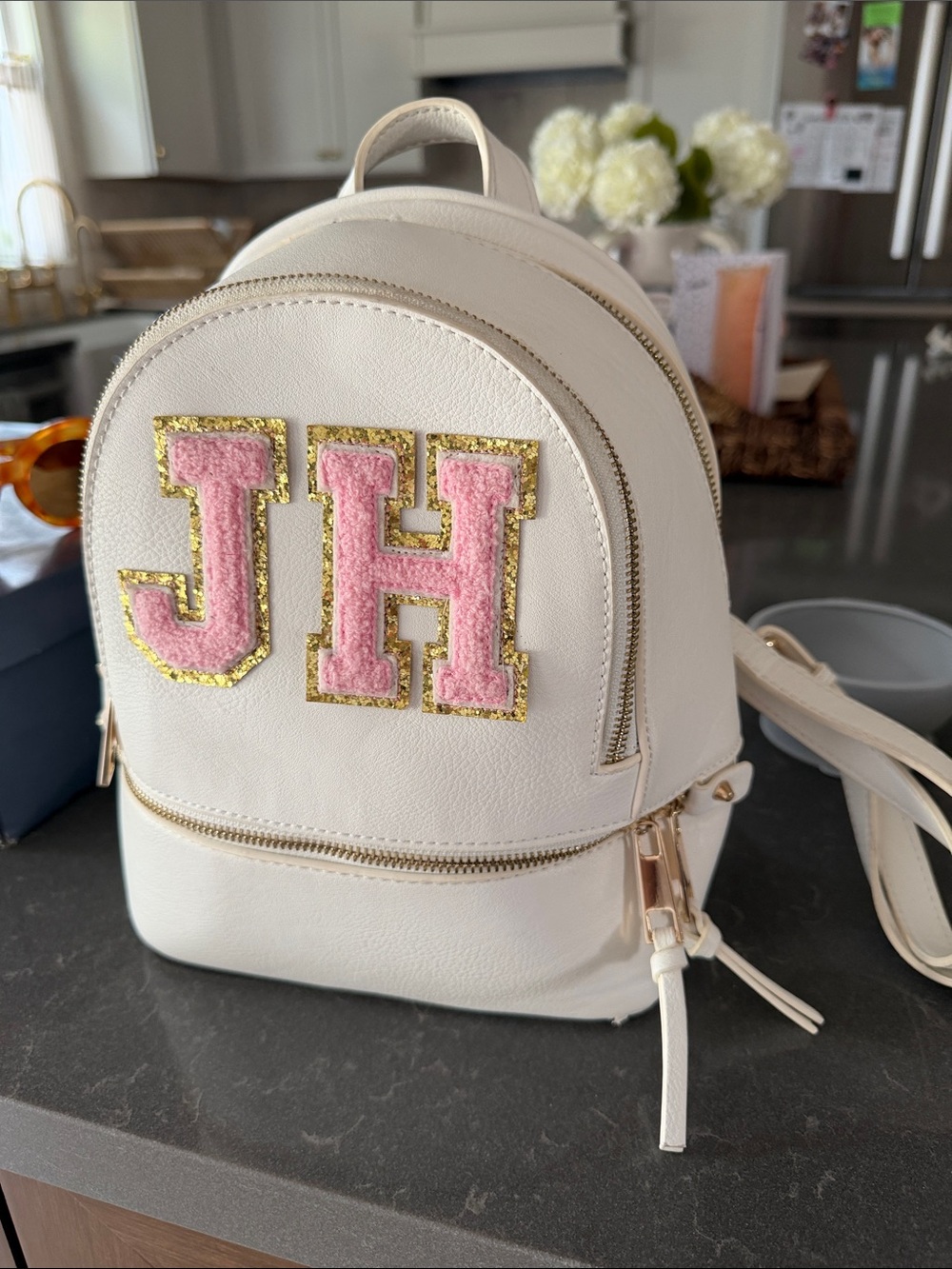 White Mini Backpack with Pink Initial Patch